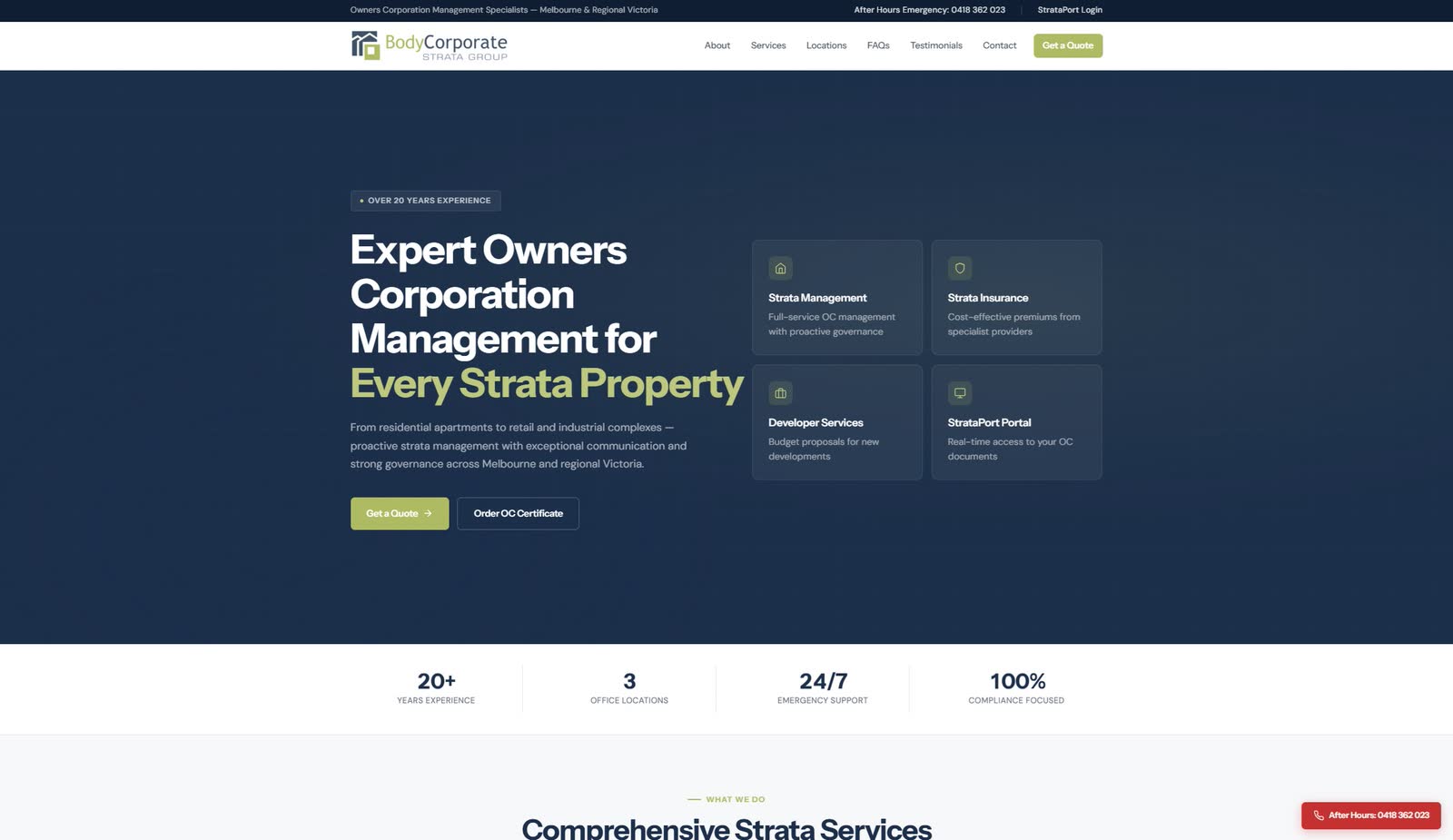Body Corporate Strata Group homepage hero, strata management messaging, primary navigation, and brand presentation