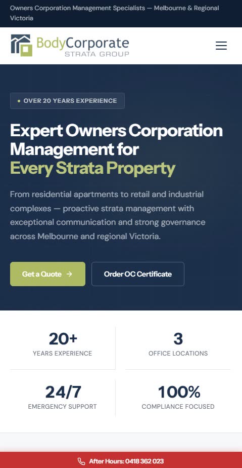 Body Corporate Strata Group responsive mobile view, services and contact information