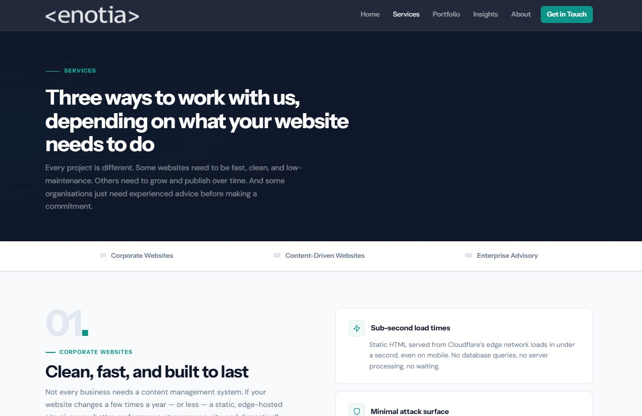 Enotia Australasia website — services page showing corporate websites, content-driven websites, and enterprise advisory offerings