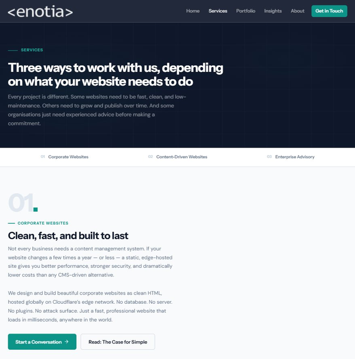 Enotia Australasia services section showing corporate websites offering with feature cards for performance, security, and global delivery