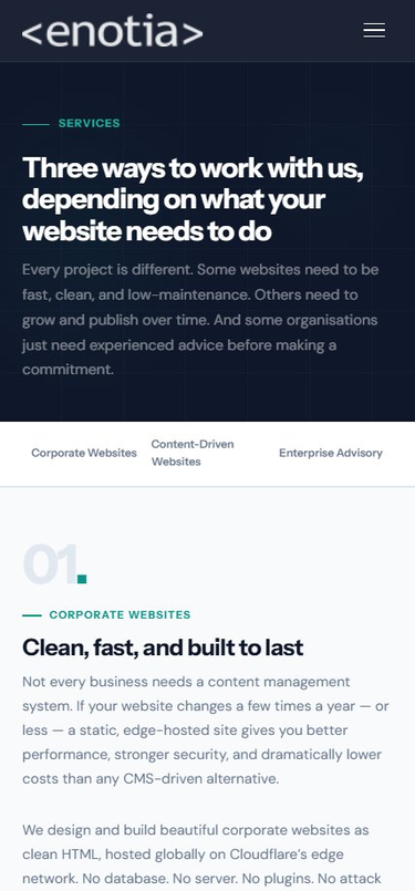 Enotia Australasia mobile responsive view showing services page hero and navigation