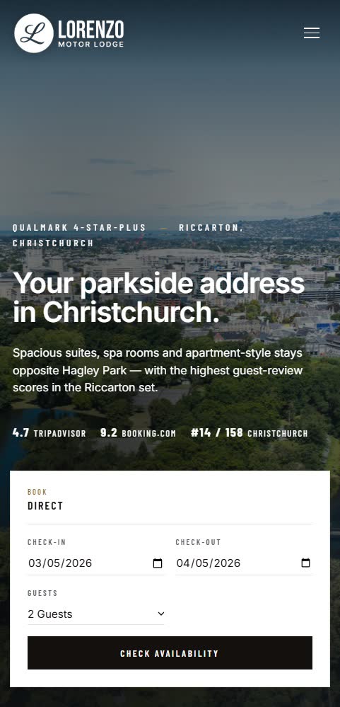 Lorenzo Motor Lodge responsive mobile view, accommodation and contact information