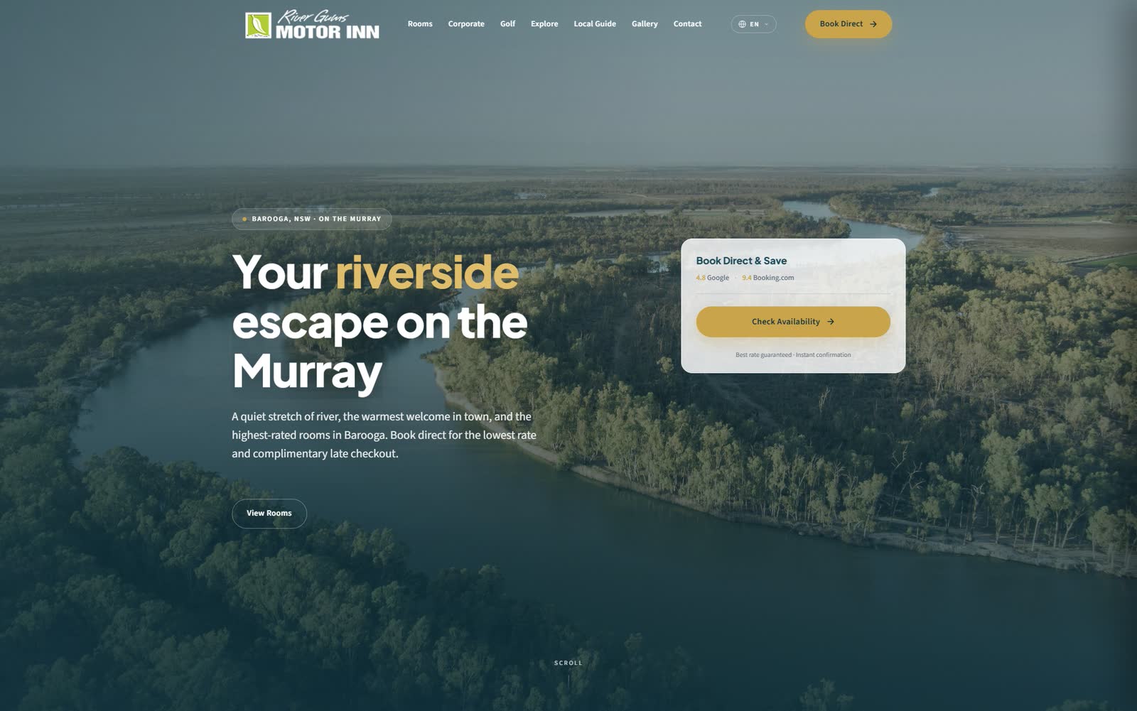 River Gums Motor Inn homepage hero, accommodation messaging, hero photography, and primary navigation