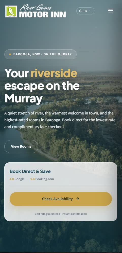 River Gums Motor Inn responsive mobile view, rooms and contact information