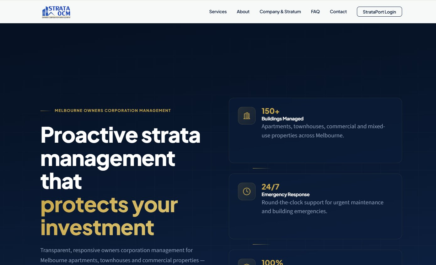 Strata OCM homepage — hero section showing proactive strata management messaging with key statistics for buildings managed, emergency response, and transparent fees
