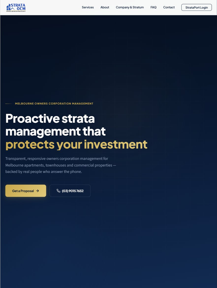 Strata OCM website showing services section with proactive management messaging and property statistics