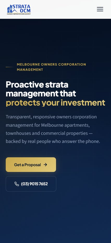 Strata OCM mobile responsive view showing hero section and navigation with StrataPort Login