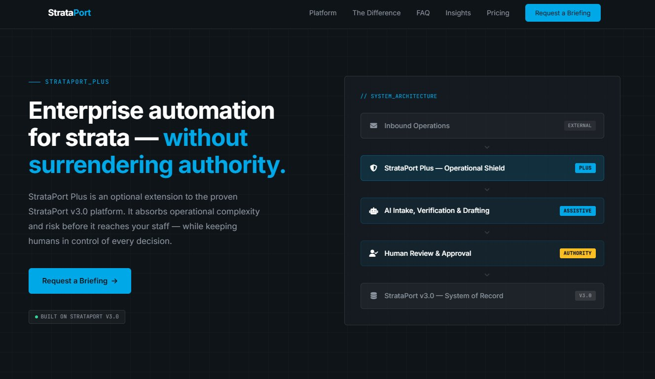 StrataPort homepage — hero section showing the StrataPort Plus system architecture and enterprise automation messaging