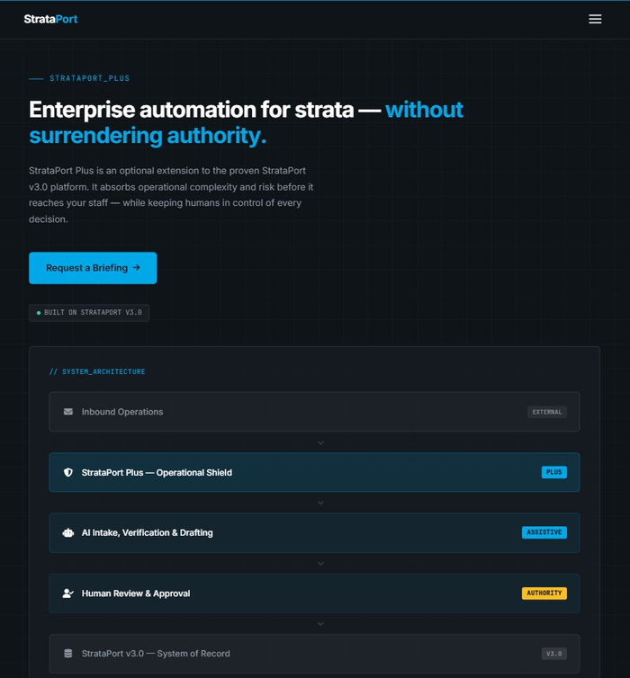 StrataPort tablet view showing hero section, system architecture diagram, and StrataPort Plus features